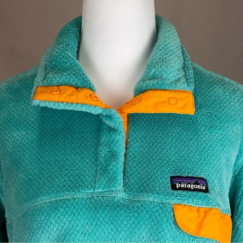 Patagonia Synchilla Thermal Pro Fleece Pullover Teal Yellow Womens XL Pocket NEW - Picture 3 of 11